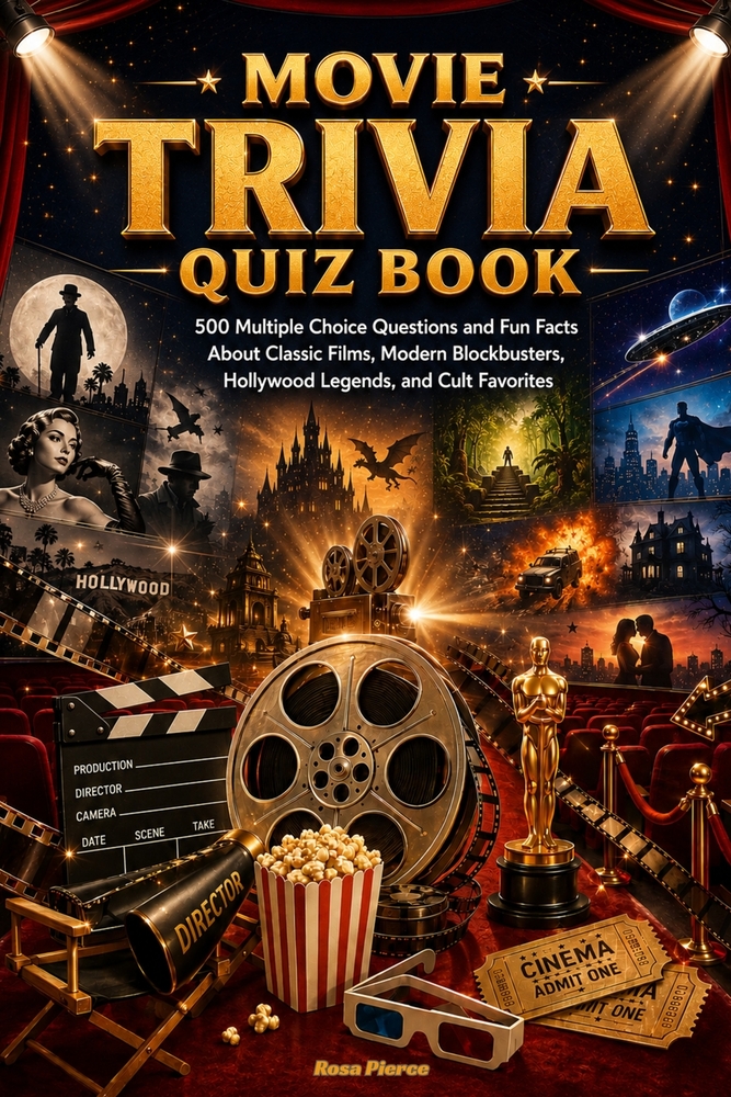 Movie Trivia Quiz Book: 500 Multiple Choice Questions and Fun Facts About Classic Films, Modern Blockbusters, Hollywood Legends, and Cult Favorites cover