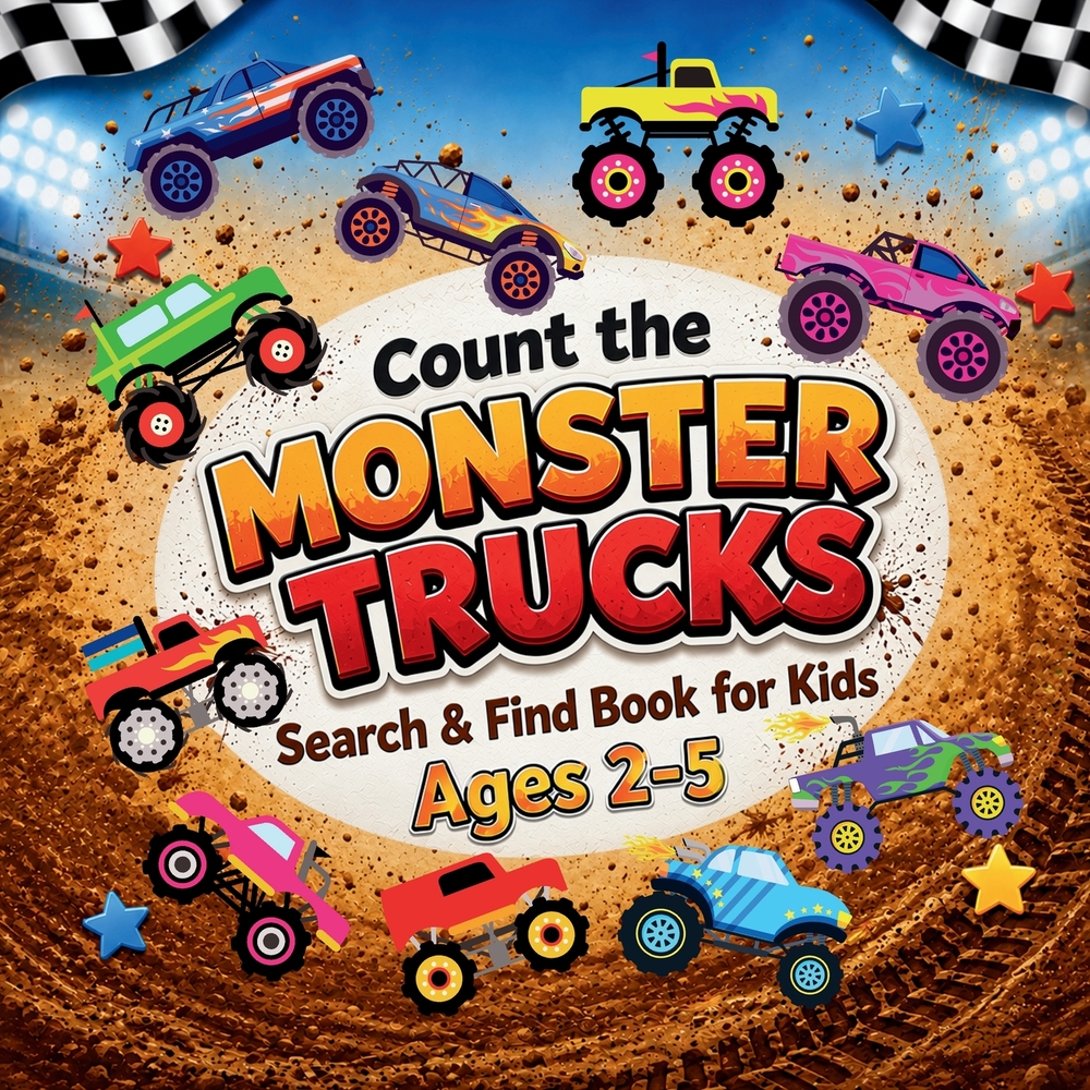 Count the Monster Trucks: Search & Find Book for Kids Ages 2-5. Learn to Count with Colorful Modified Vehicles Activity Book cover
