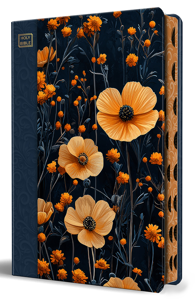 KJV Holy Bible, Large Print, Handy Size Format, Hardcover, Dark Blue and Orange Flower, Page Edge Design, Thumb Index, Ribbon Marker, and Red Letter cover