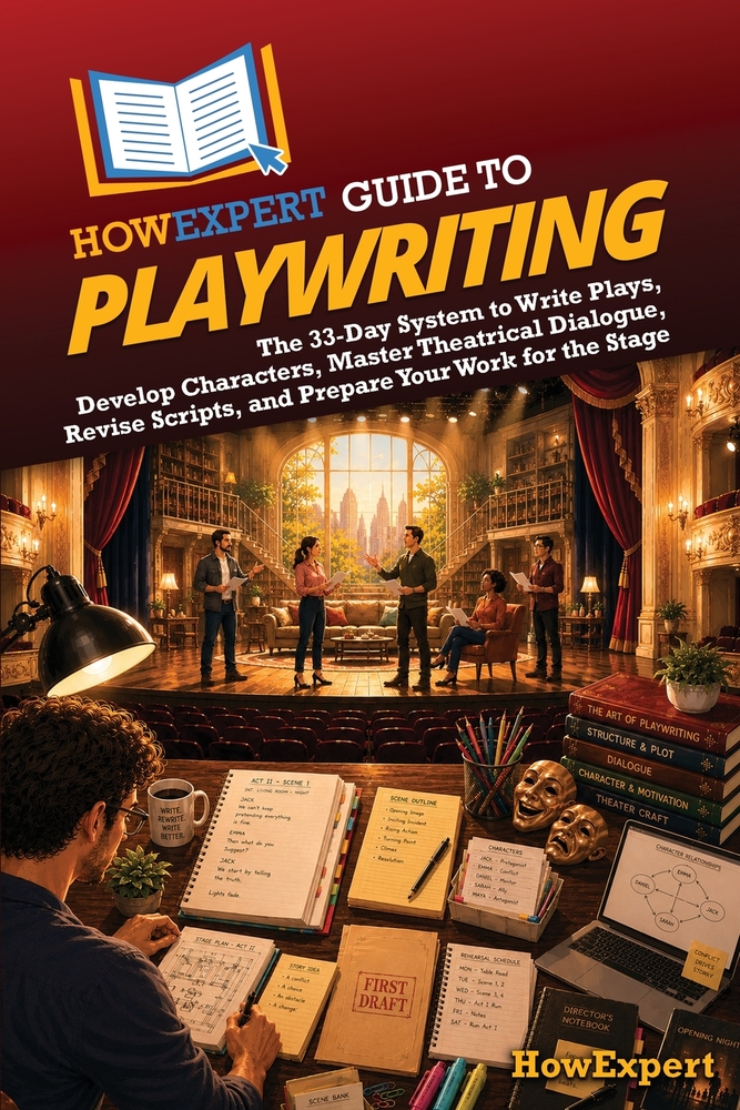HowExpert Guide to Playwriting: The 33-Day System to Write Plays, Develop Characters, Master Theatrical Dialogue, Revise Scripts, and Prepare Your Wor cover