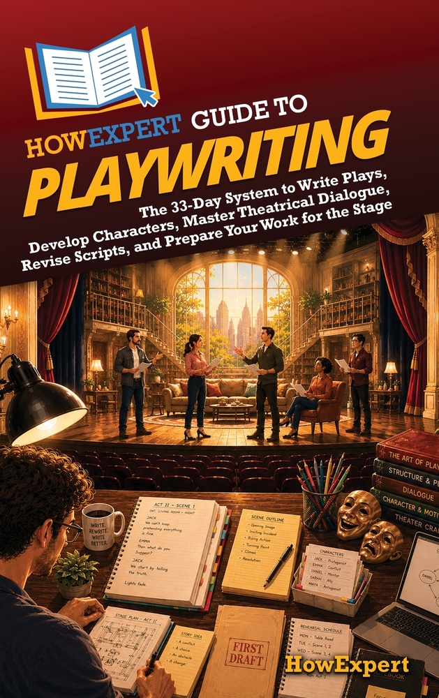 HowExpert Guide to Playwriting: The 33-Day System to Write Plays, Develop Characters, Master Theatrical Dialogue, Revise Scripts, and Prepare Your Wor cover