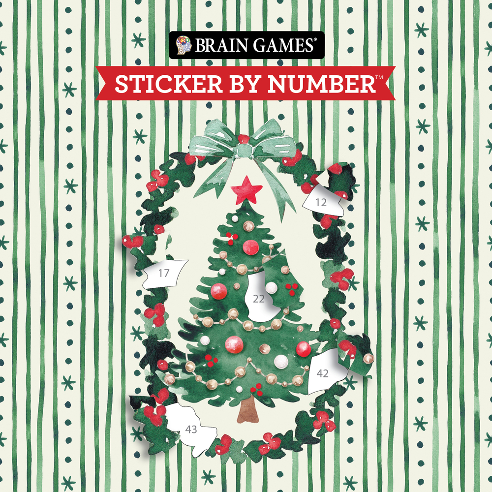 Brain Games - Sticker by Number Compact Edition: Merry Christmas 7x7 Inches Christmas Stocking Stuffer, Travel Size Activity Book for Adults & Kids 7+ cover