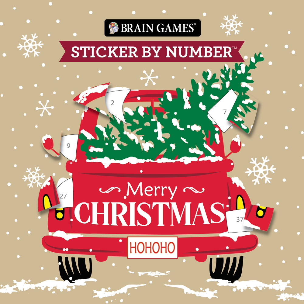 Brain Games - Sticker by Number Compact Edition: Merry Christmas 7x7 Inches Christmas Stocking Stuffer, Travel Size Activity Book for Adults & Kids 7+ cover