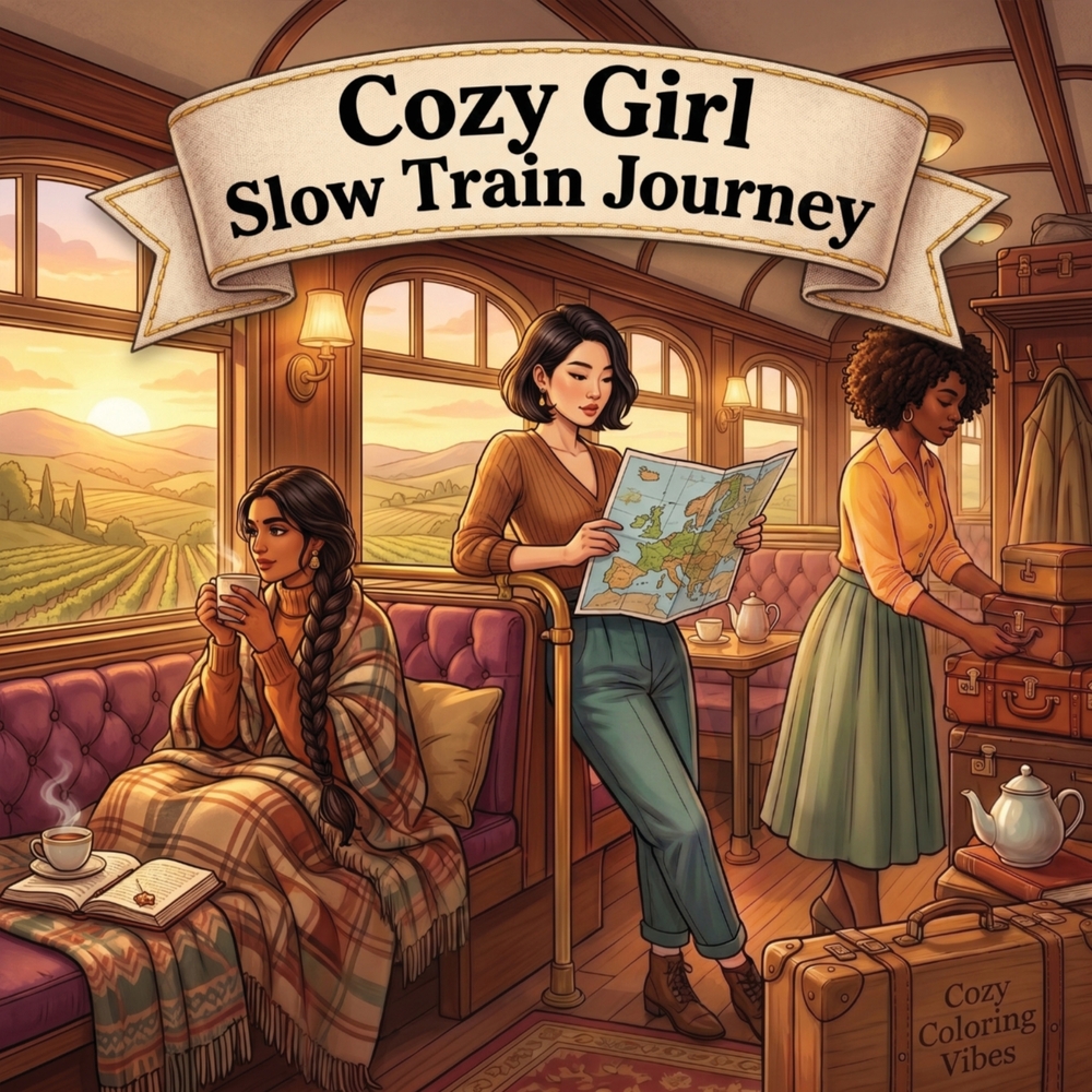 Cozy Girl Slow Train Journey: Cute Fun Bold Line Craft Adult Travel Coloring Book Hygge Railway Scenes, Comfy Scenic Window Views, Peaceful Commute Mo cover