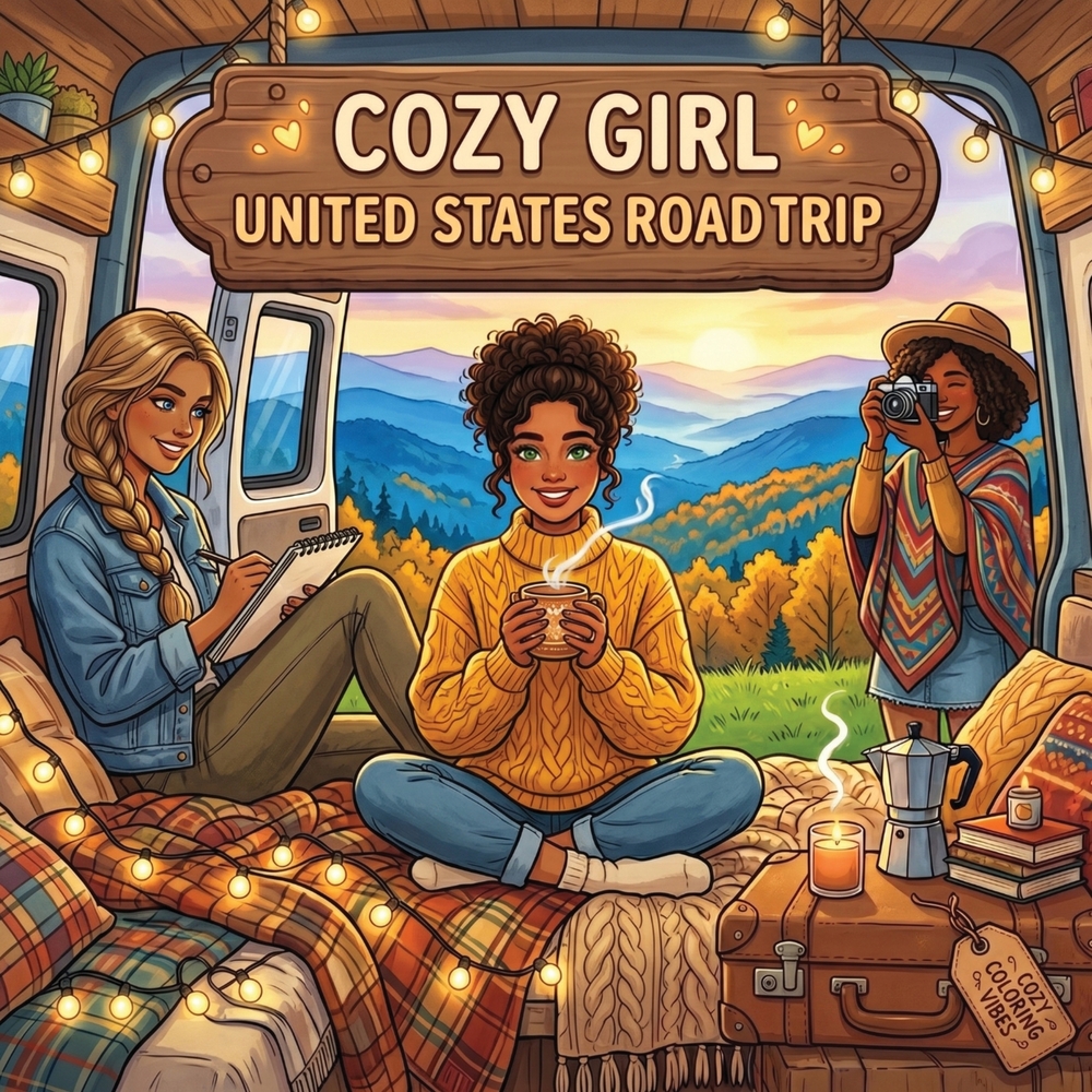 Cozy Girl United States Road Trip: Cute Fun Bold Line Adult Travel Coloring Book Comfy Aesthetic Van Life & Peaceful Adventure Vacation Moments Good V cover