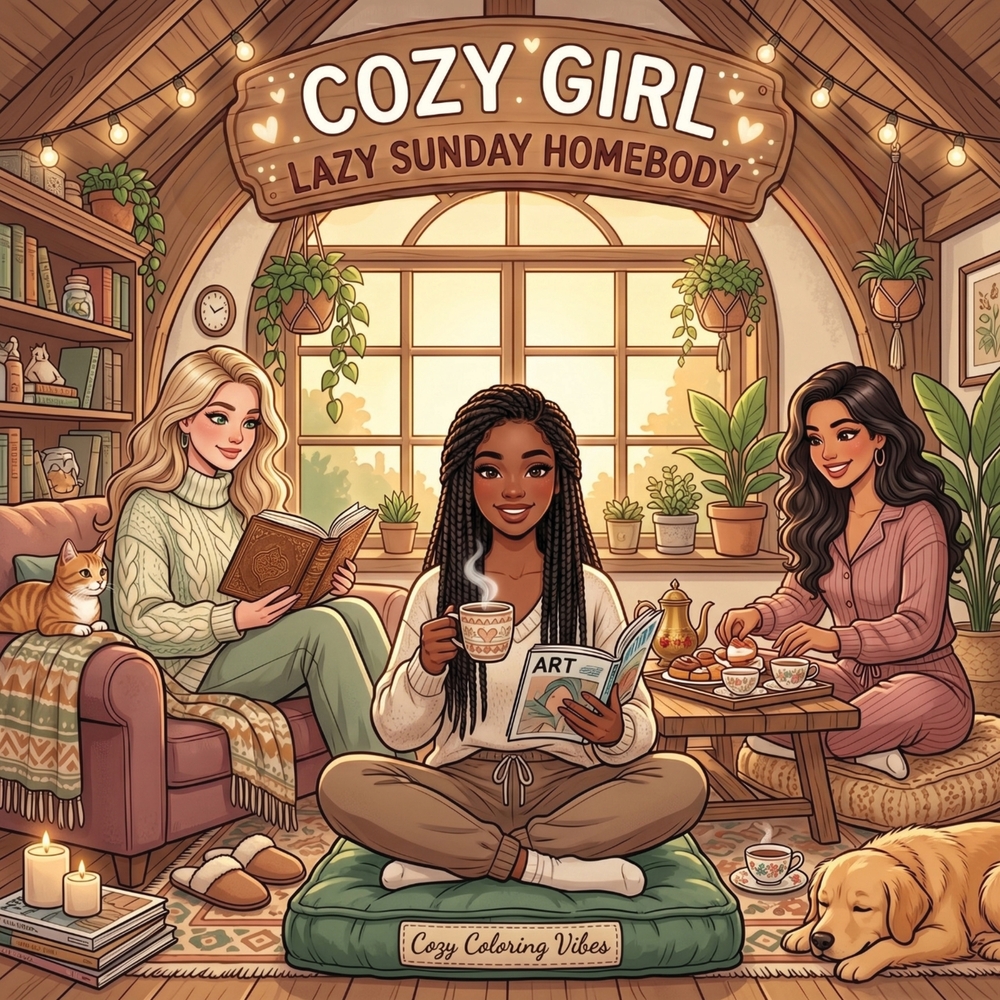 Cozy Girl Lazy Sunday Homebody: Cute Comfy Coloring Book for Adults & Teens Easy Bold Line Hygge Design & Relaxing Home Scenes, Daily Good Vibes Momen cover