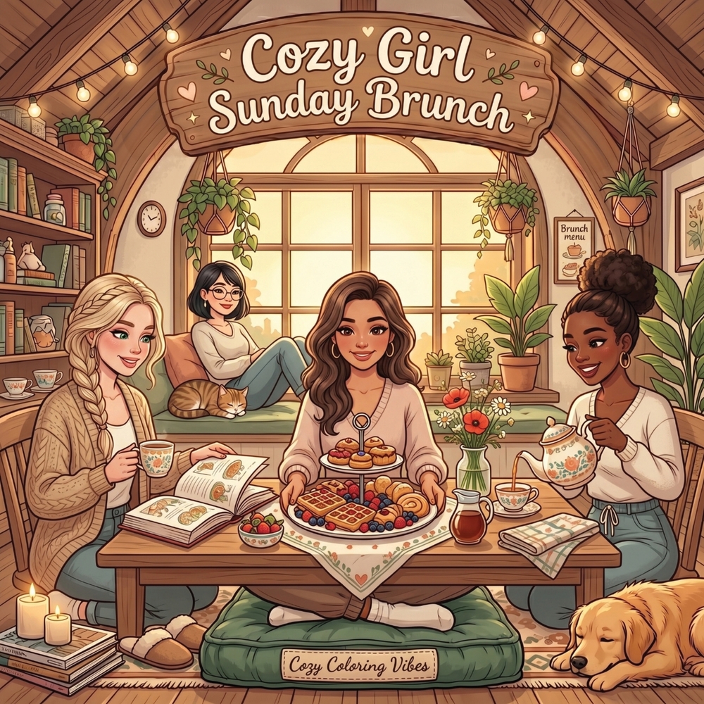 Cozy Girl Sunday Brunch: Cute Comfy Homebody Coloring Book for Adults & Teens Easy Bold Line Hygge Design & Relaxing Home Scenes, Daily Good Vibe Comf cover