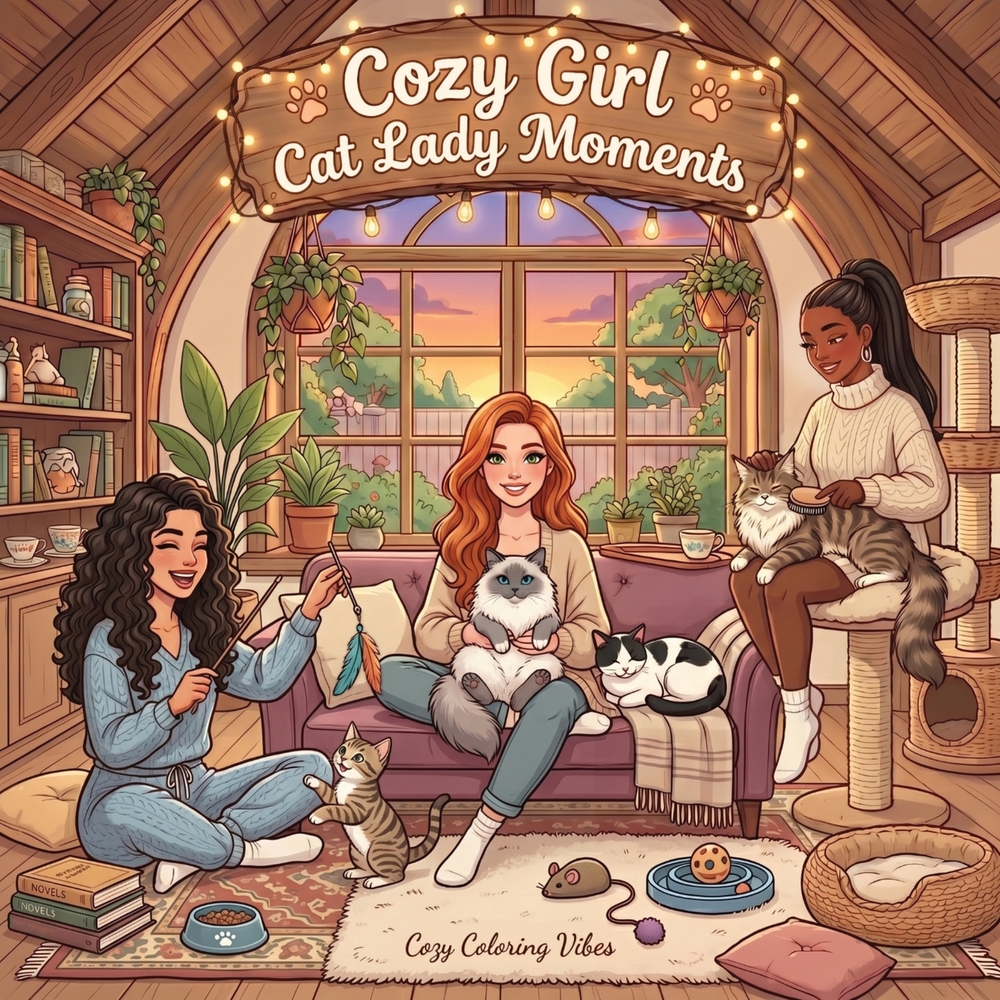 Cozy Girl Cat Lady Moments: Cute Comfy Homebody Adult & Teens Coloring Book Easy Bold Line Hygge Design, Relaxing Home Comfort Kitten Scenes & Daily G cover
