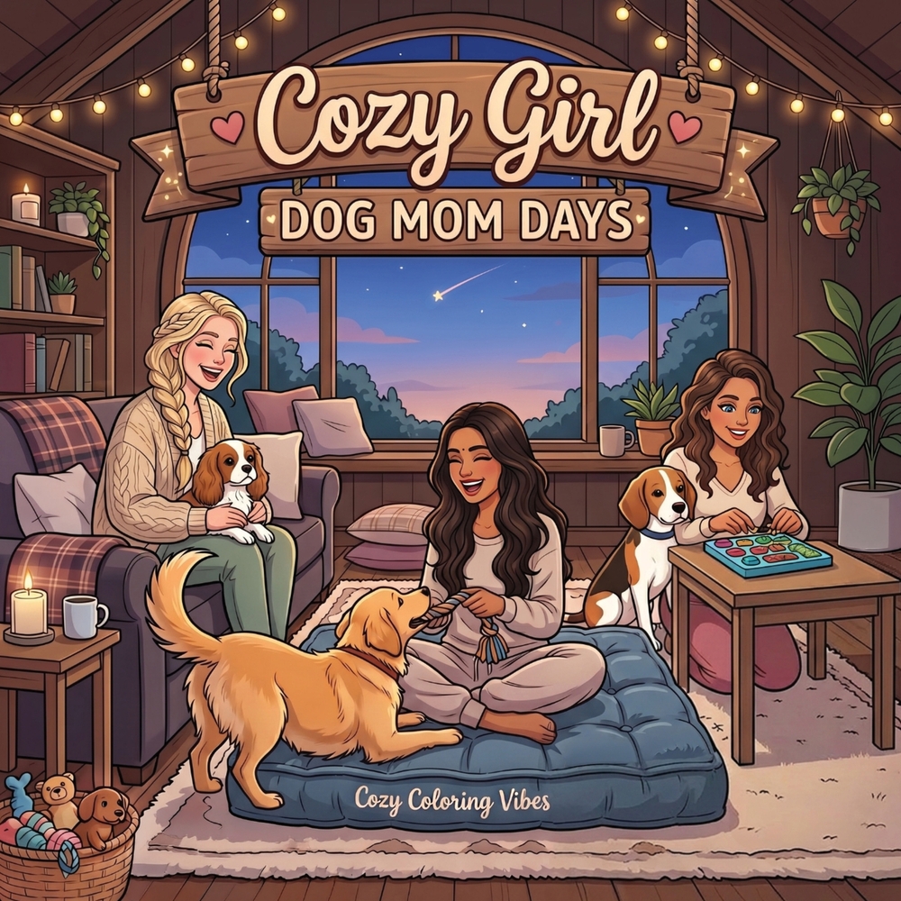 Cozy Girl Dog Mom Days: Cute Comfy Homebody Adult & Teen Coloring Book Easy Bold Line Hygge Design, Relaxing Home Comfort Adorable Puppy Scenes & Dail cover